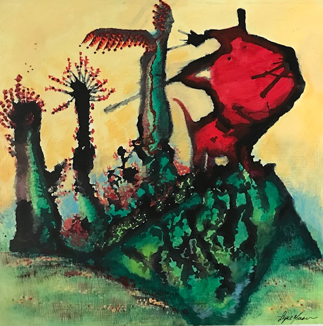 Chat rouge au jardin - Lyne Noiseux, tableau technique mixte