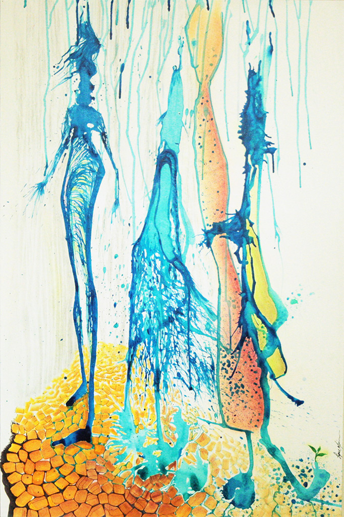 Osmose sous la pluie - Lyne Noiseux, tableau technique mixte